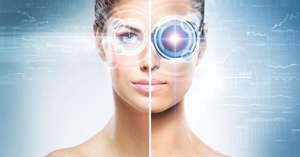 Two different pictures of women with the laser hologram on their eyes (collage about eye scanning technology and virtual reality)
